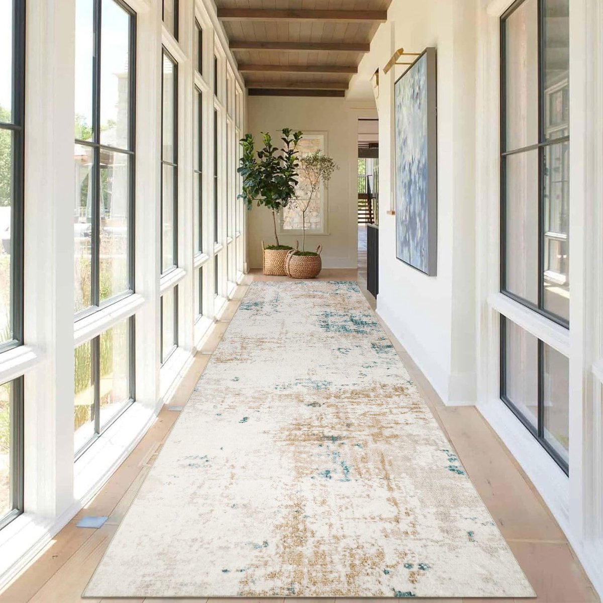 LaMoussawi ® Moderne Abstracte Loper voor Hal en Woonkamer, Antislip en Wasbaar, Beige Design